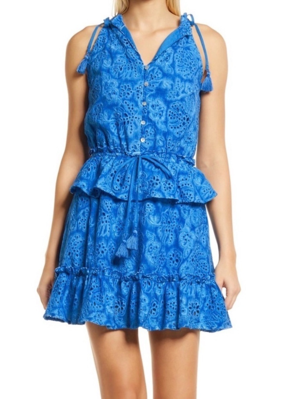 Blue Eyelet Tassel Tiered Mini Dress